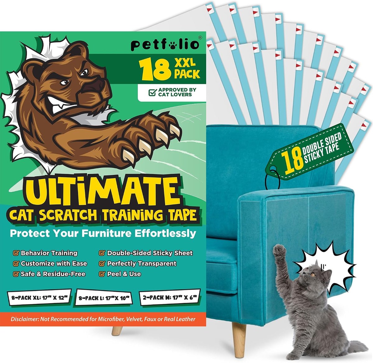 Petfolio Anti-Scratch Tape for Furniture, 18 Pack